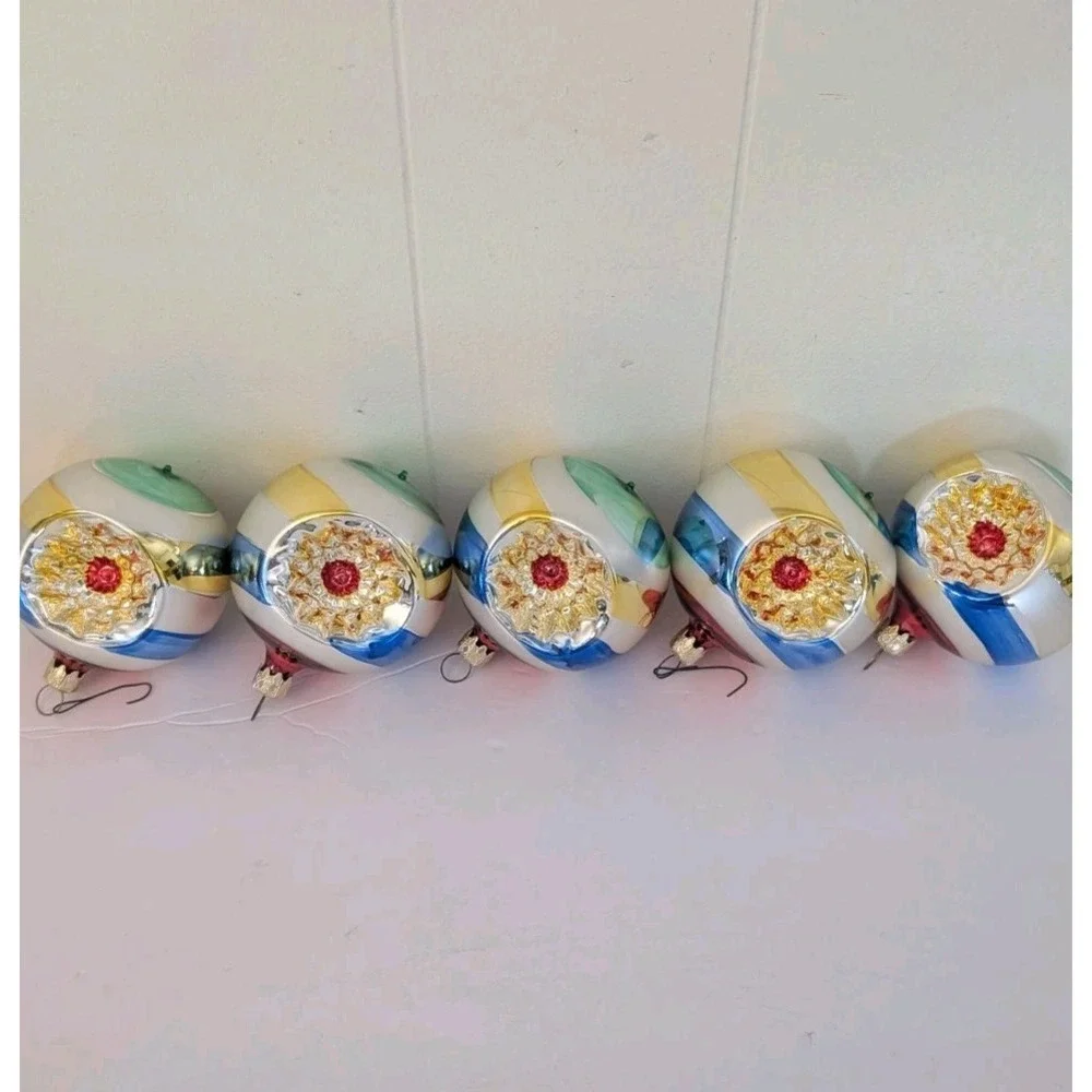 5 Mercury Glass Indent Reflector West Germany Ornaments Blue Green Gold Silver